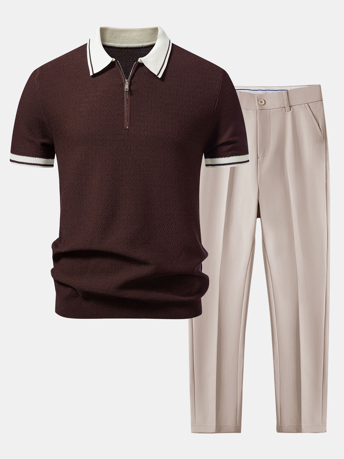 Contrast Zipper Knit Polo & Slim Fit Tapered Trousers Set