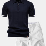 Contrast Trim Zipper Knit Polo Shirt & Elastic Waist Chino Shorts Set