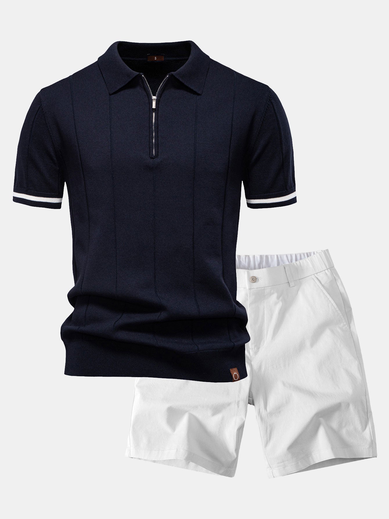 Contrast Trim Zipper Knit Polo Shirt & Elastic Waist Chino Shorts Set