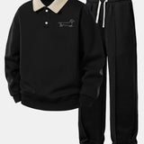 Line Dachshund Print Contrast Polo Sweatshirt & Pleated Pintuck Sweatpants Set