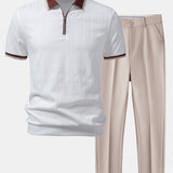 Contrast Trim Textured Zipper Knit Polo & Tapered Trousers Set
