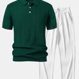 Stripe Jacquard Knit Polo Shirt & Straight Leg Ribbed Pants Set
