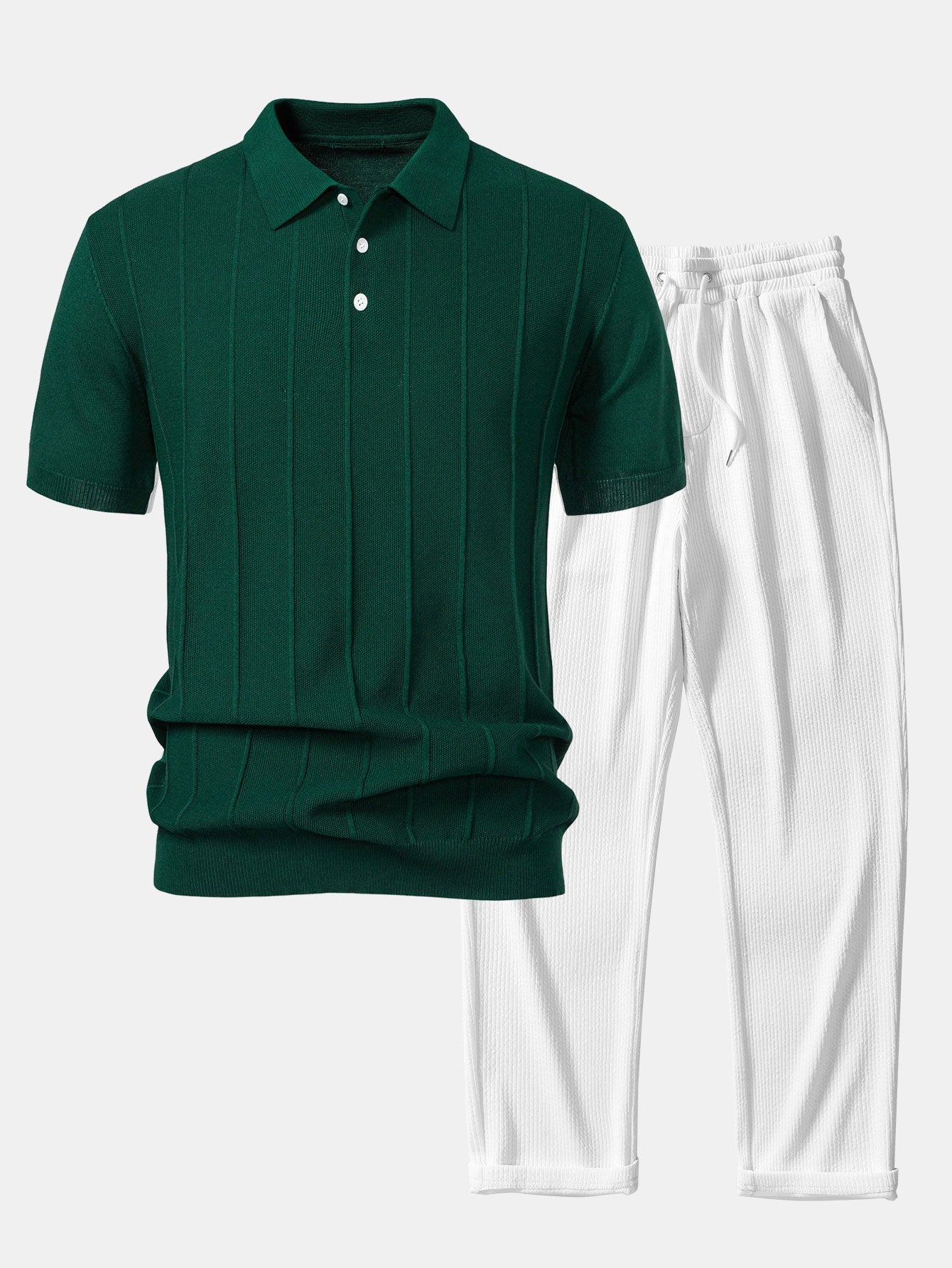Stripe Jacquard Knit Polo Shirt & Straight Leg Ribbed Pants Set