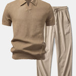 Textured Johnny Collar Crocheted Knit Polo & Crinkle Textured Pants Set