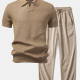 Textured Johnny Collar Crocheted Knit Polo & Crinkle Textured Pants Set
