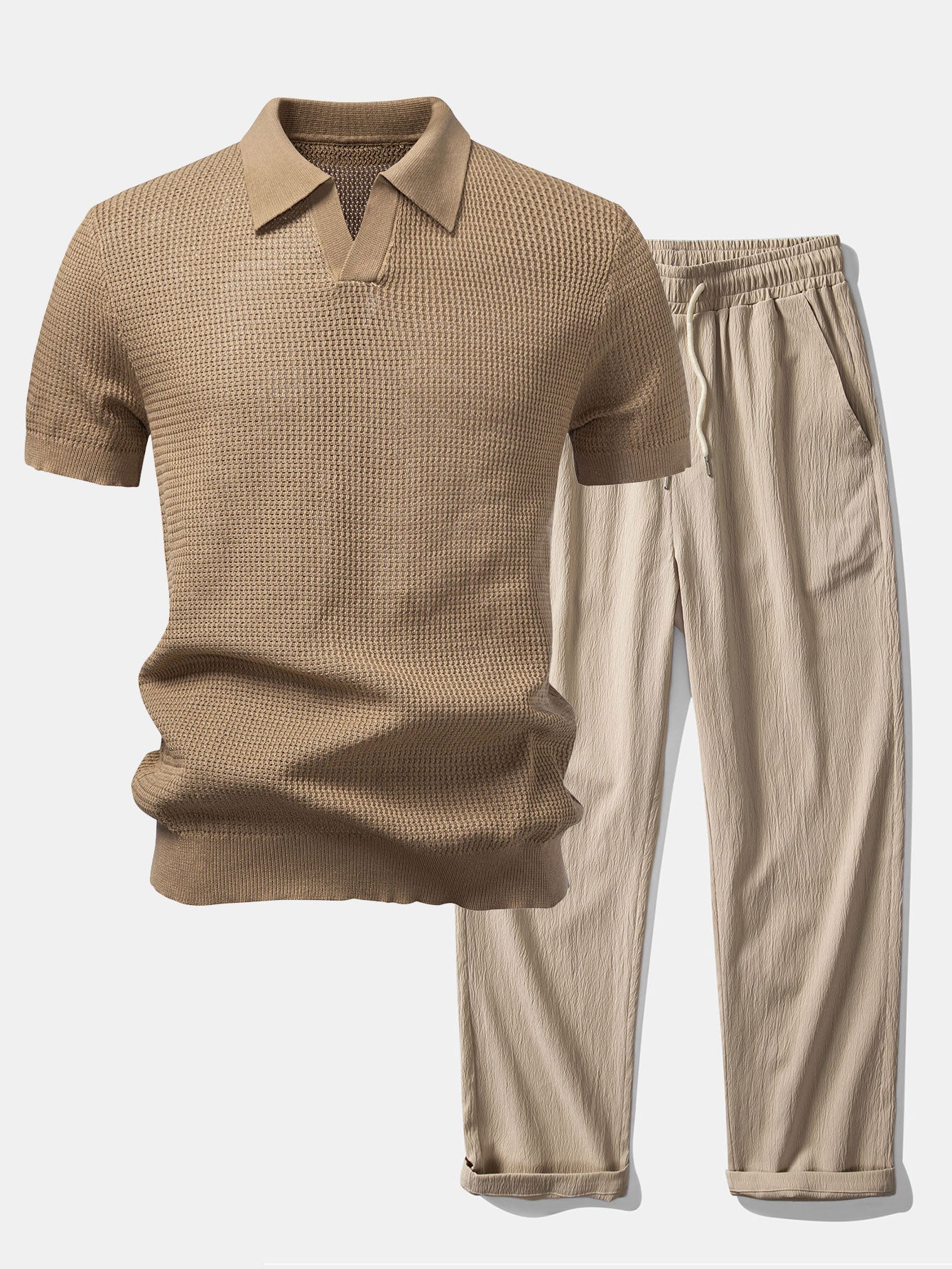 Textured Johnny Collar Crocheted Knit Polo & Crinkle Textured Pants Set
