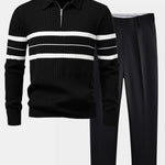 Stripe Zip Knit Ribbed Polo Shirt & Slim Fit Tapered Trousers Set