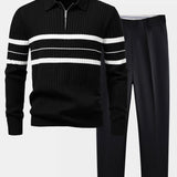 Stripe Zip Knit Ribbed Polo Shirt & Slim Fit Tapered Trousers Set