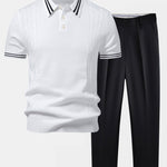 Contrast Trim Twisted Jacquard Knit Polo & Tapered Trousers Set