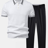 Contrast Trim Twisted Jacquard Knit Polo & Tapered Trousers Set