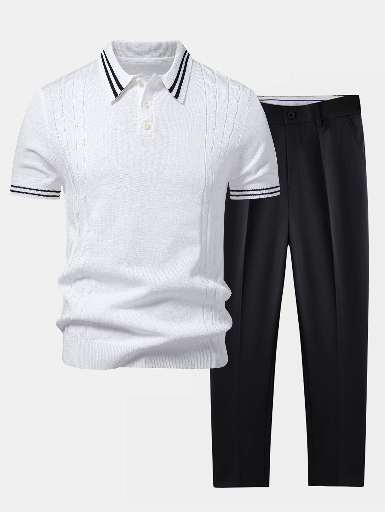 Contrast Trim Twisted Jacquard Knit Polo & Tapered Trousers Set