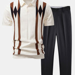 Stripe Geometric Jacquard Knitted Polo Shirt & Tapered Trousers Set