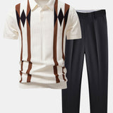 Stripe Geometric Jacquard Knitted Polo Shirt & Tapered Trousers Set