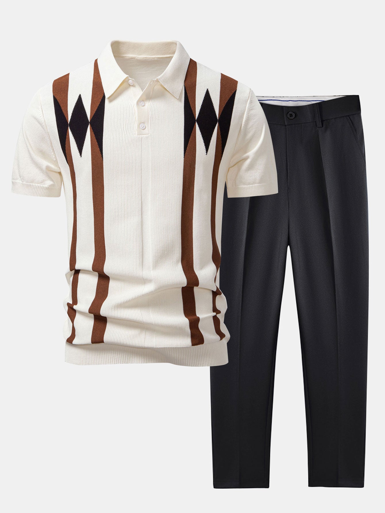 Stripe Geometric Jacquard Knitted Polo Shirt & Tapered Trousers Set