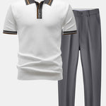 Contrast Trim Knit Polo Shirt & Slim Fit Tapered Trousers Set