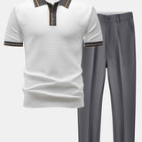 Contrast Trim Knit Polo Shirt & Slim Fit Tapered Trousers Set