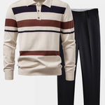 Long Sleeve Stripe Knit Polo Shirt & Slim Fit Tapered Trousers Set