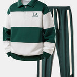 Los Angeles Print Color Block Polo Sweatshirt & Slit Hem Stripe Pants Set