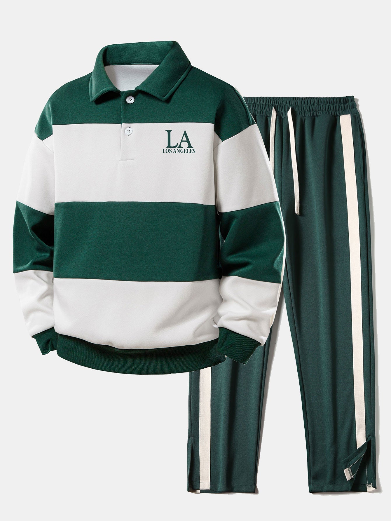 Los Angeles Print Color Block Polo Sweatshirt & Slit Hem Stripe Pants Set