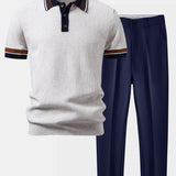 Contrast Stripe Trim Waffle Knit Polo & Slim Fit Tapered Trousers Set