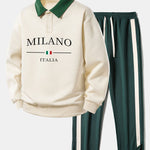 Milano Print Contrast Polo Sweatshirt & Slit Hem Stripe Pants Set
