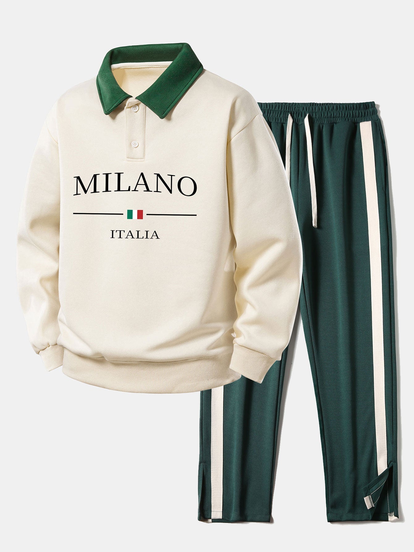 Milano Print Contrast Polo Sweatshirt & Slit Hem Stripe Pants Set