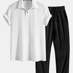 Short Sleeve Jacquard Polo & Straight Leg Ribbed Pants Set