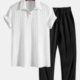 Short Sleeve Jacquard Polo & Straight Leg Ribbed Pants Set