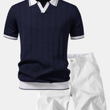 Contrast Trim Ribbed Johnny Collar Knit Polo & Chino Shorts Set