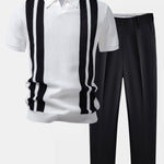 Stripe Johnny Collar Knit Polo & Slim Fit Tapered Trousers Set
