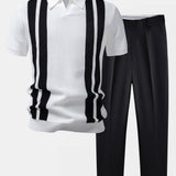 Stripe Johnny Collar Knit Polo & Slim Fit Tapered Trousers Set