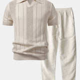 Johnny Collar Striped Open Knit Polo & Straight Leg Linen Pants Set