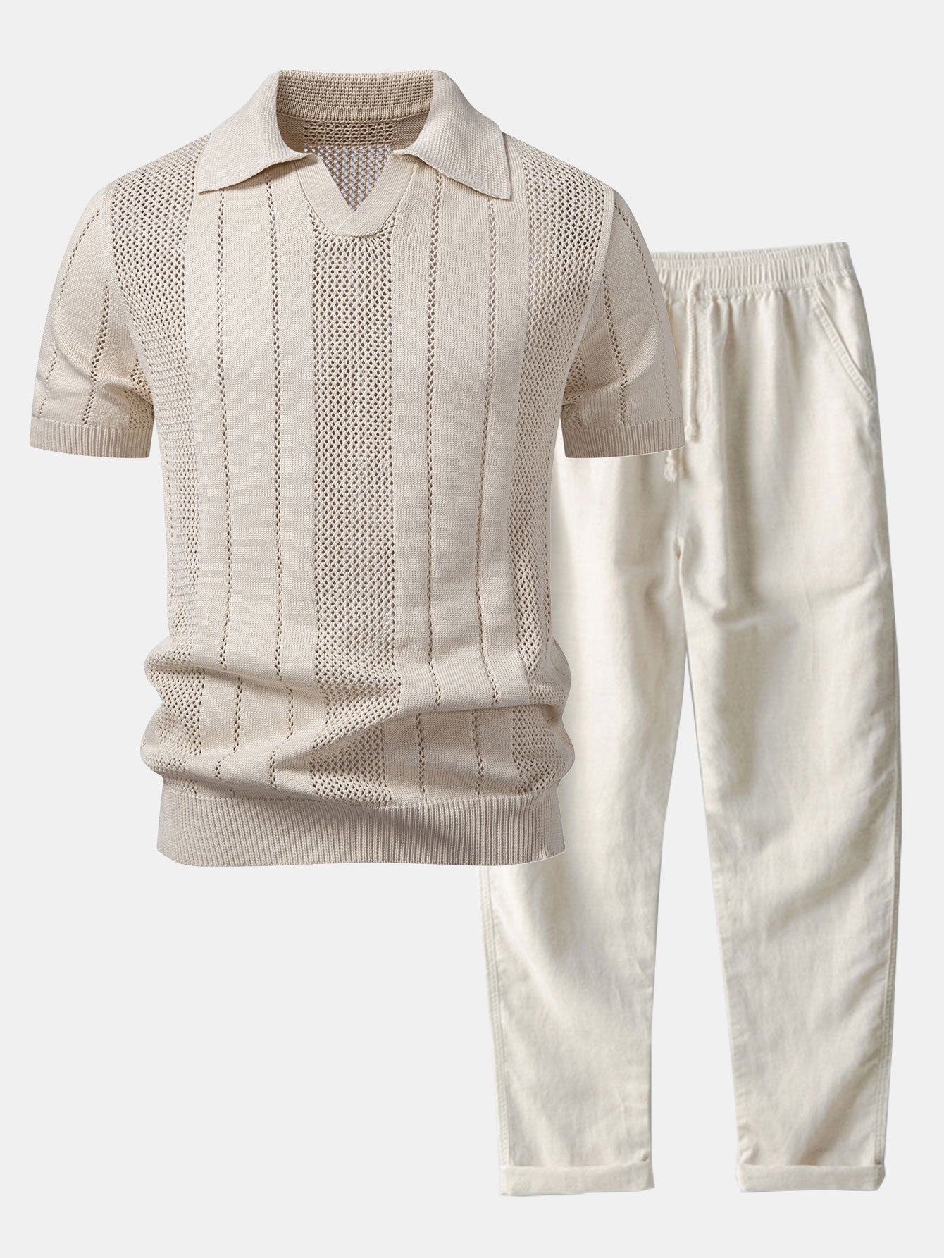 Johnny Collar Striped Open Knit Polo & Straight Leg Linen Pants Set