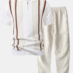 Stripe Knit Zip Up Polo Shirt & Straight Leg Linen Pants Set