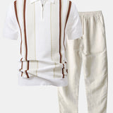Stripe Knit Zip Up Polo Shirt & Straight Leg Linen Pants Set