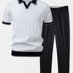 Contrast Trim Ribbed Johnny Collar Knit Polo & Tapered Trousers Set