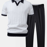 Contrast Trim Ribbed Johnny Collar Knit Polo & Tapered Trousers Set