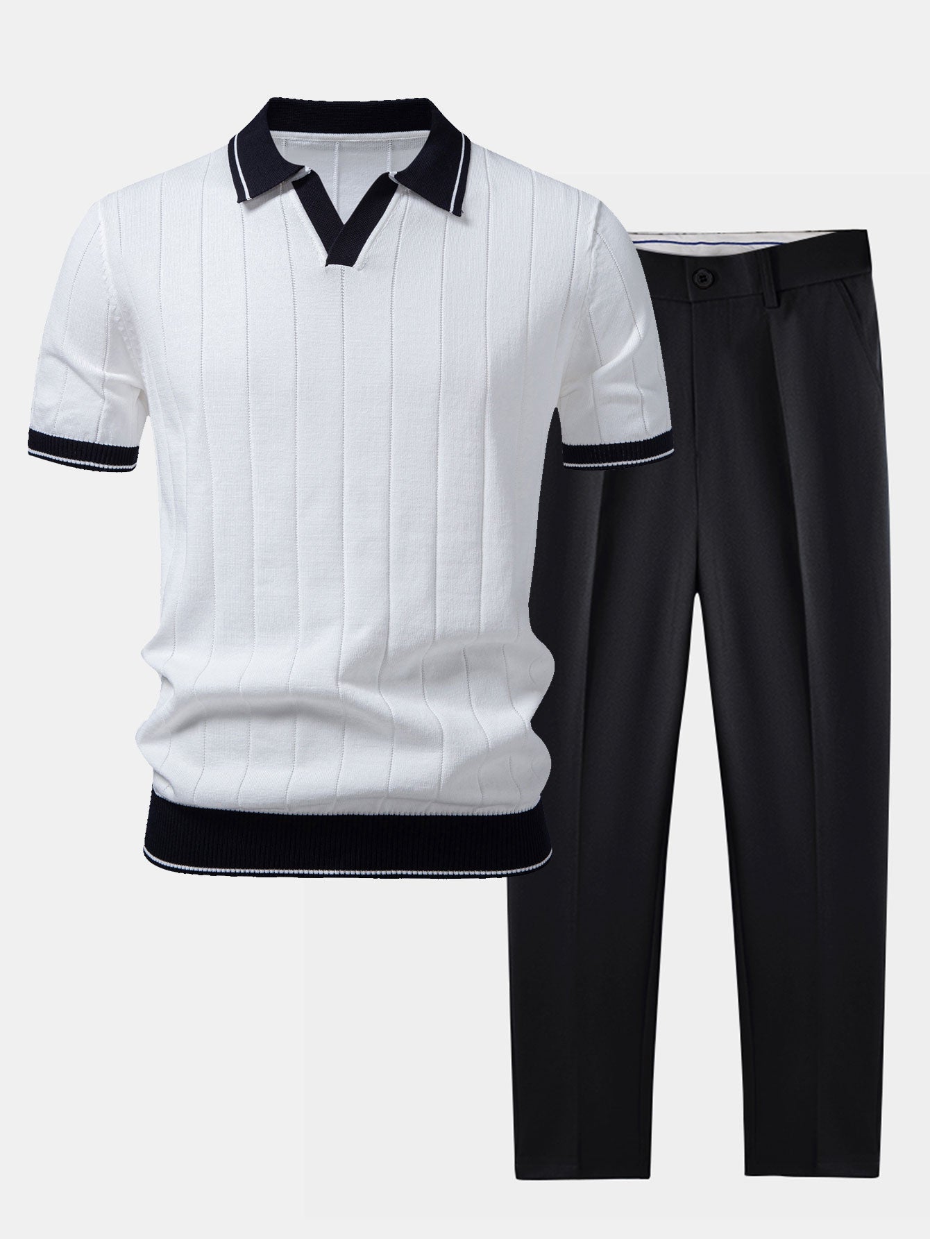 Contrast Trim Ribbed Johnny Collar Knit Polo & Tapered Trousers Set