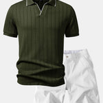 Geometric Jacquard Johnny Collar Polo & Elastic Waist Chino Shorts Set