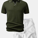 Geometric Jacquard Johnny Collar Polo & Elastic Waist Chino Shorts Set