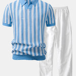 Stripe Johnny Collar Open Knit Polo & Straight Leg Linen Pants Set