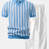 Stripe Johnny Collar Open Knit Polo & Straight Leg Linen Pants Set