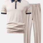 Contrast Trim Zipper Knit Polo & Slim Fit Tapered Trousers Set