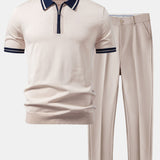 Contrast Trim Zipper Knit Polo & Slim Fit Tapered Trousers Set