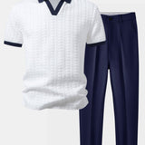 Contrast Jacquard Polo & Slim Fit Tapered Trousers Set