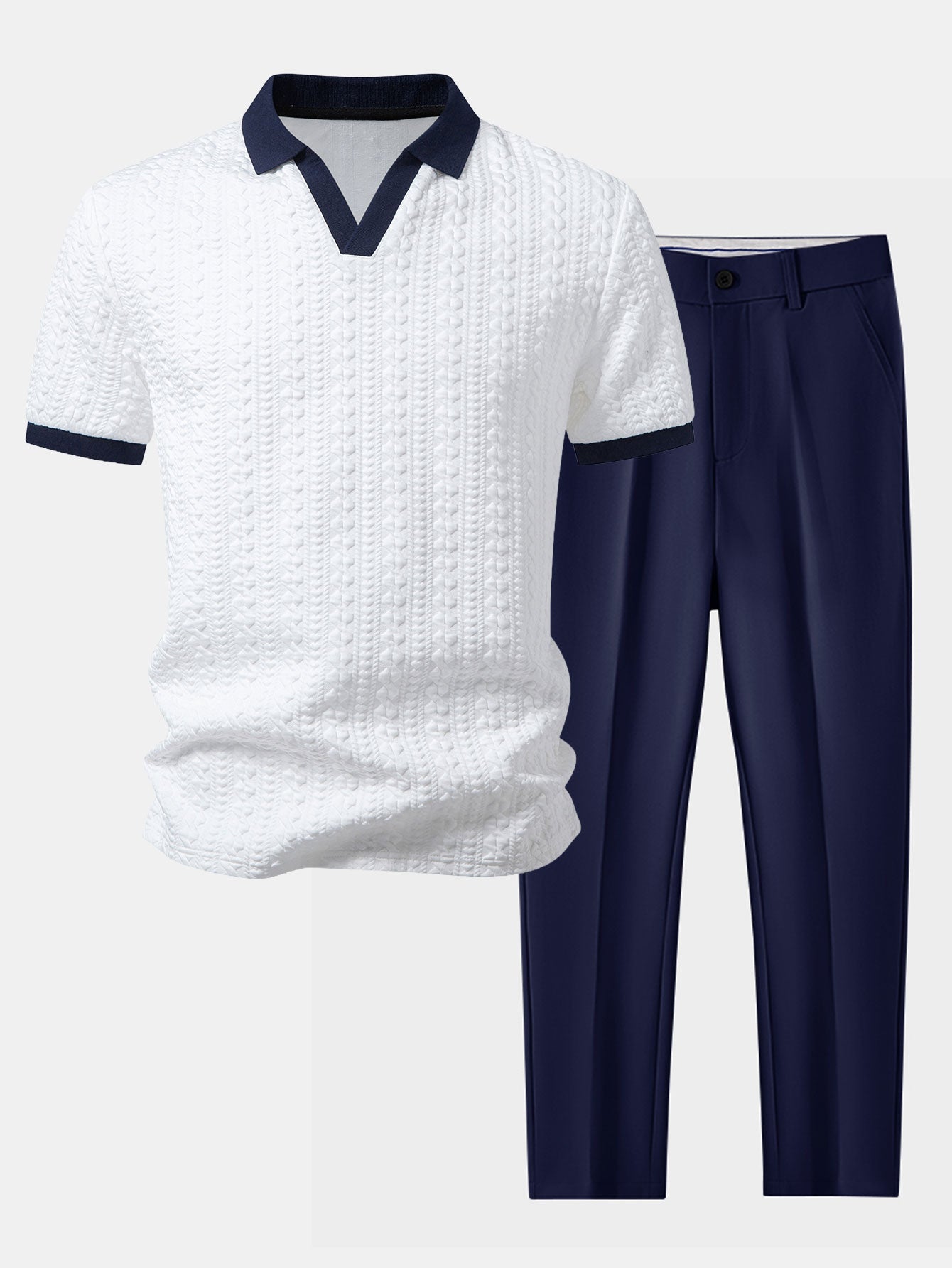 Contrast Jacquard Polo & Slim Fit Tapered Trousers Set