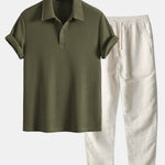 Short Sleeved Waffle Polo & Straight Leg Linen Pants Set