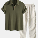 Short Sleeved Waffle Polo & Straight Leg Linen Pants Set