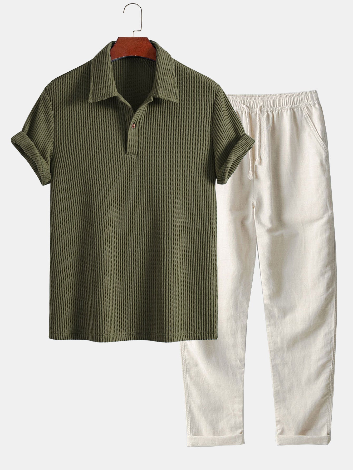 Short Sleeved Waffle Polo & Straight Leg Linen Pants Set