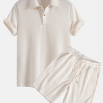 Short Sleeved Waffle Polo & Drawstring Knitted Waffle Shorts Set